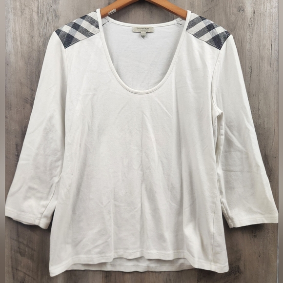 Burberry London 3/4 Sleeve Cotton Blend Striped Shoulder Basic T-Shirt Size M - Picture 1 of 7